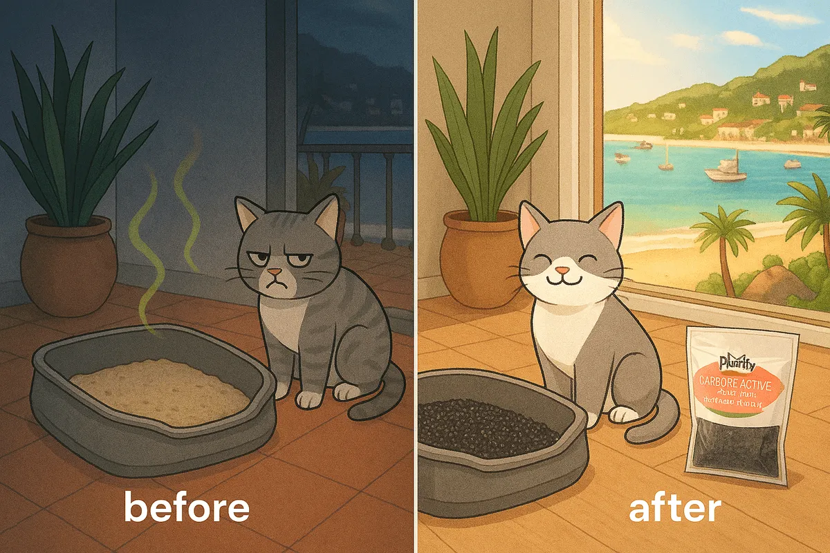 Before and after comparison showing effective litter box odor control with activated carbon