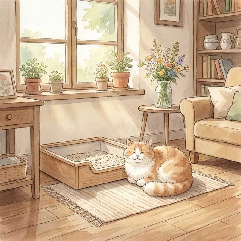 Ghibli-style illustration of various high-quality cat litters and a happy cat in a fresh home