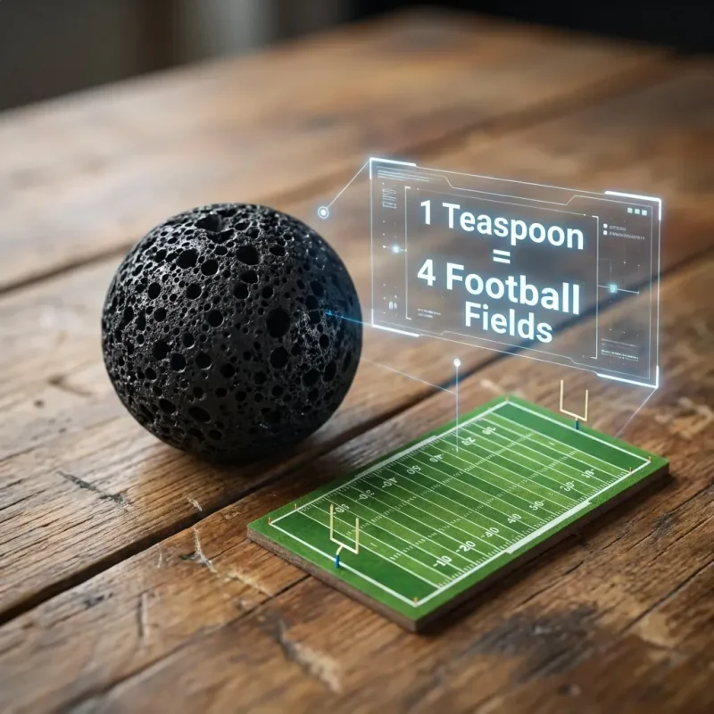 Comparaison d'echelle : un gramme de charbon vs 4 terrains de football