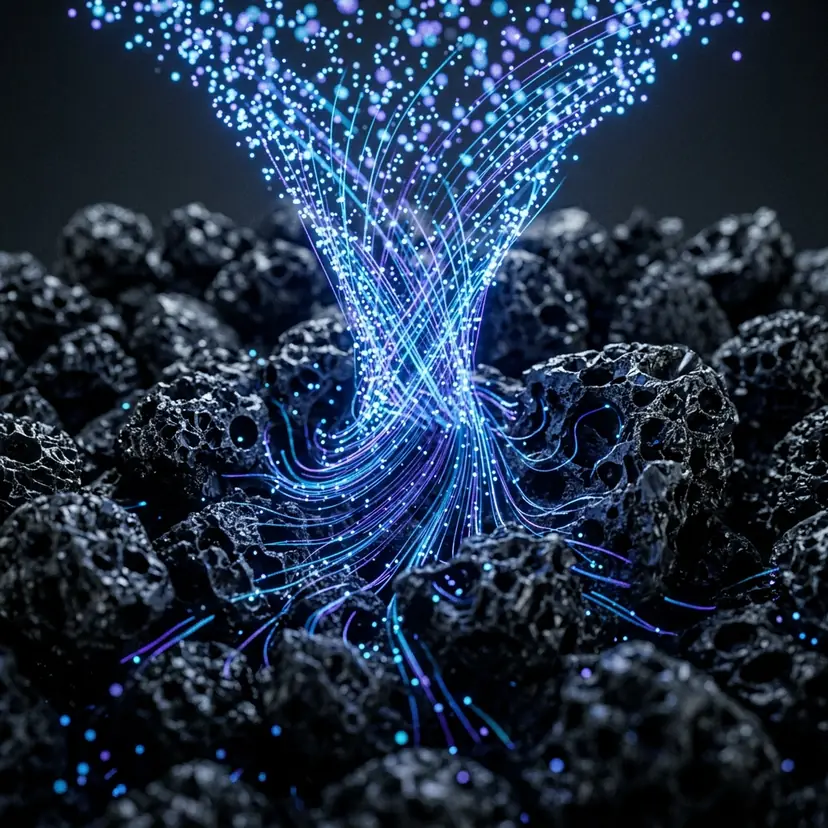 Microscopic view of activated carbon pores adsorbing and trapping odor molecules like ammonia