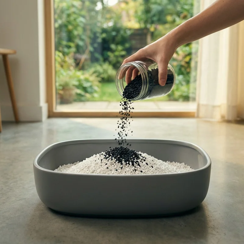 Activated carbon deodorizer being added to unscented cat litter for fragrance-free odour control