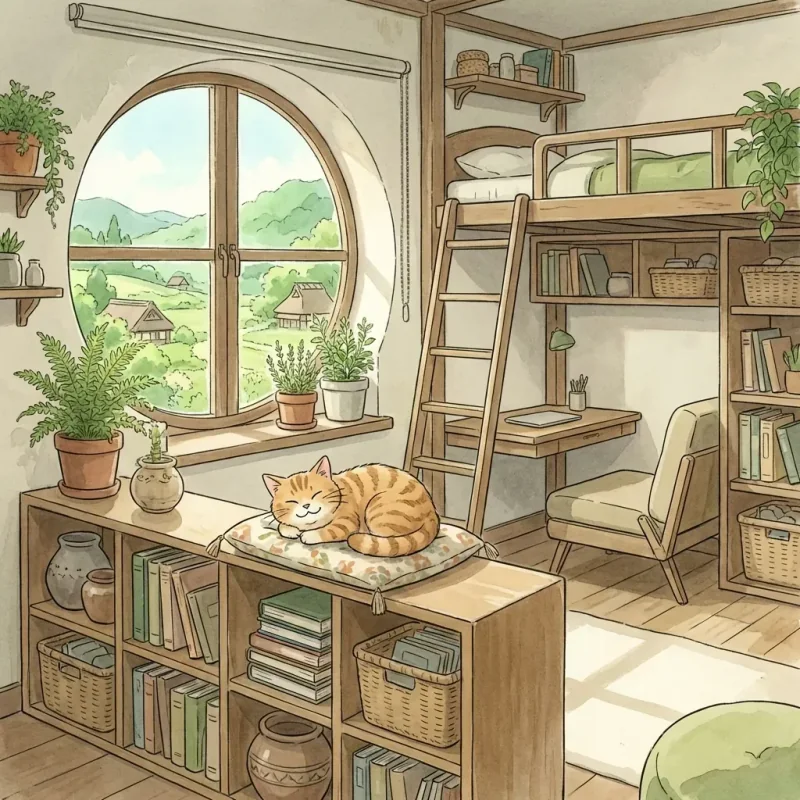 Habitant d'appartement heureux avec chat dans un petit espace sans odeur