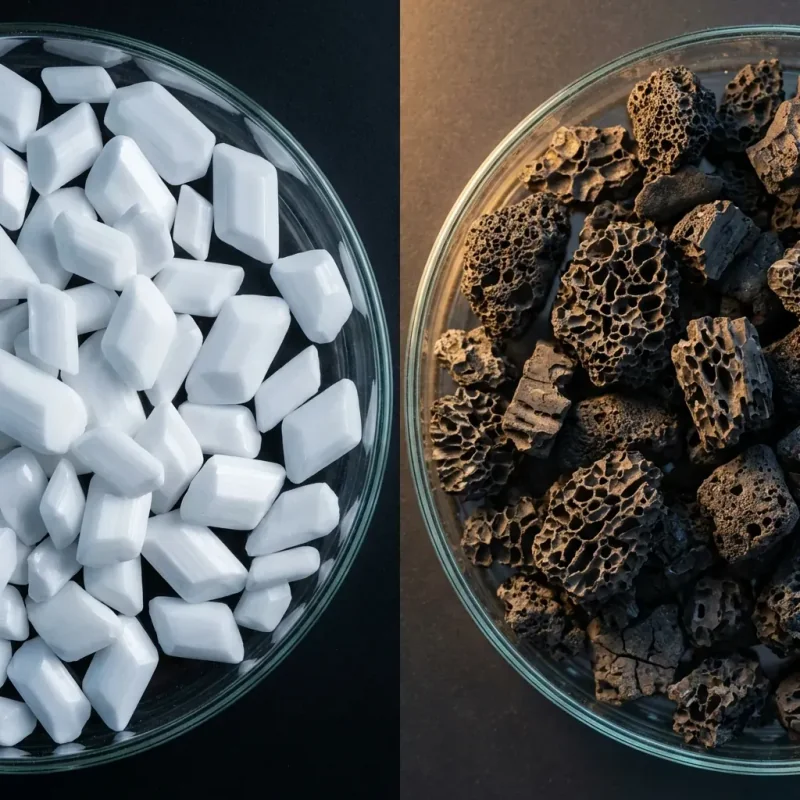 Comparaison microscopique : bicarbonate de soude vs charbon actif