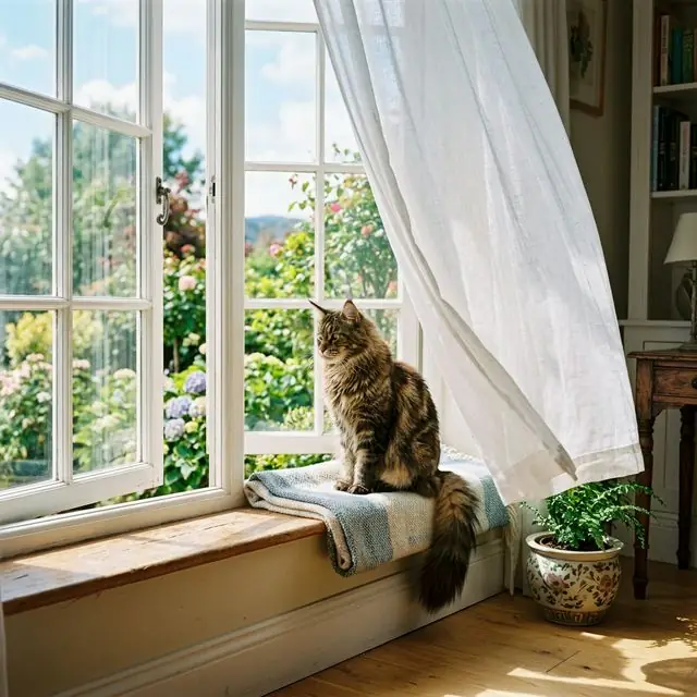 Chat calme près d'une fenêtre avec de l'air frais, dans un foyer sans parfum