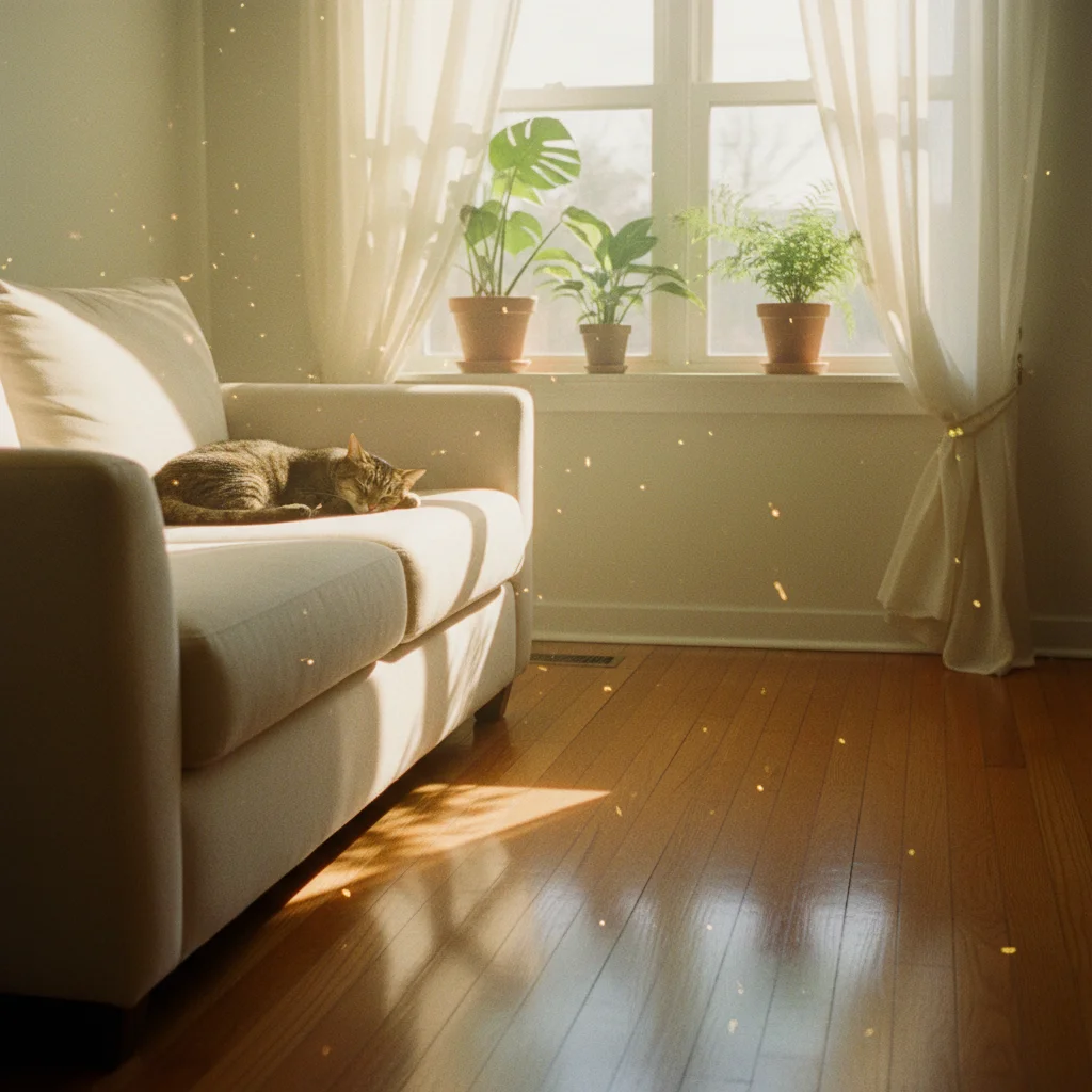 Cat relaxing in a spotless, sunlit living room - a urine-smell-free home