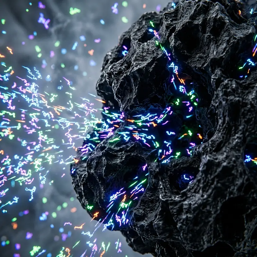 Microscopic hyper-realistic view of glowing odor molecules being sucked into the cavernous black pores of activated carbon