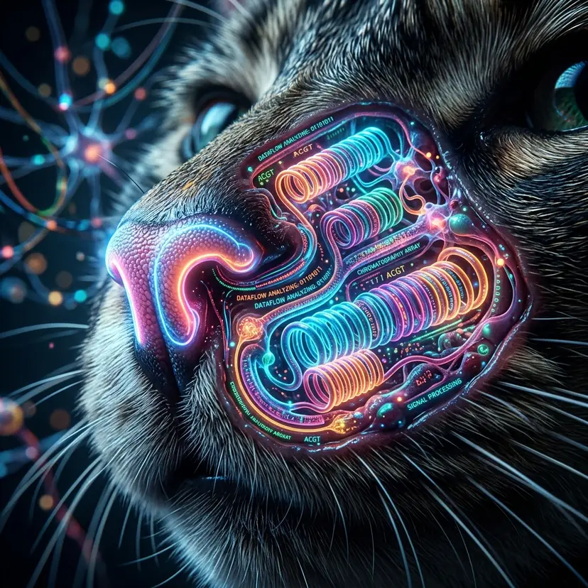 Hyper-realistic cat nose glowing with neon data streams, visualizing its internal super-complex structure