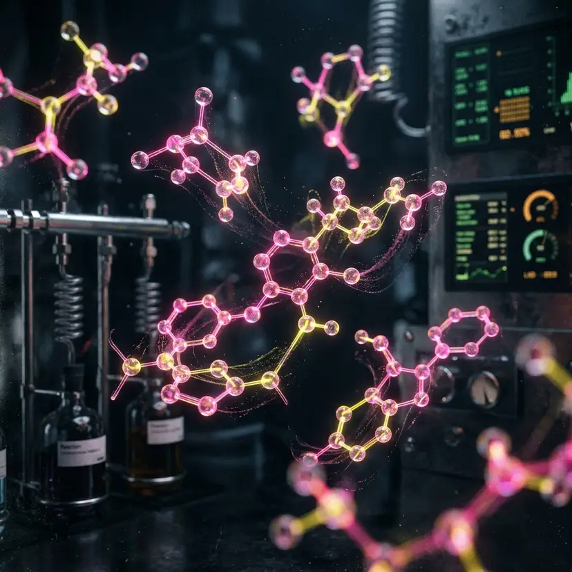 Macro scientific view of toxic-pink and yellow neon chemical odor molecules floating in a dark laboratory setting
