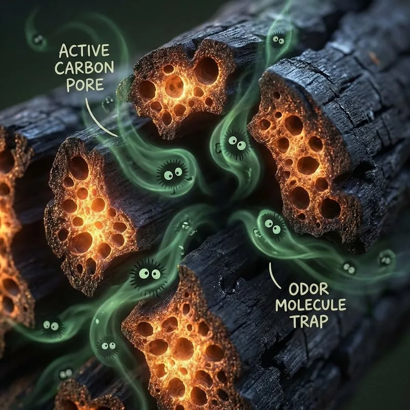 Activated coconut carbon pores trapping odor molecules