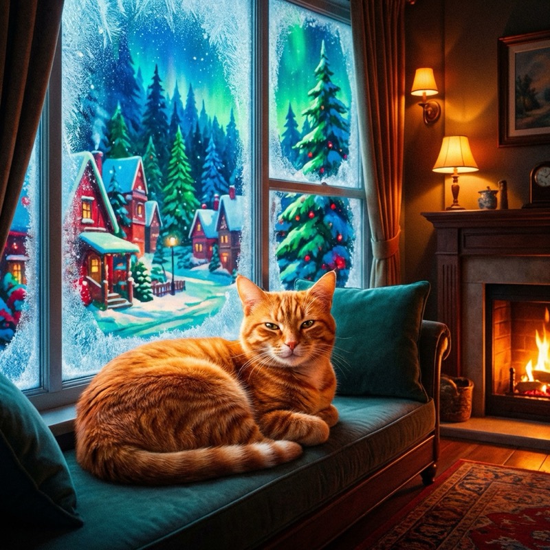Maison du Quebec en hiver avec fenetres fermees et chat pres de la fenetre