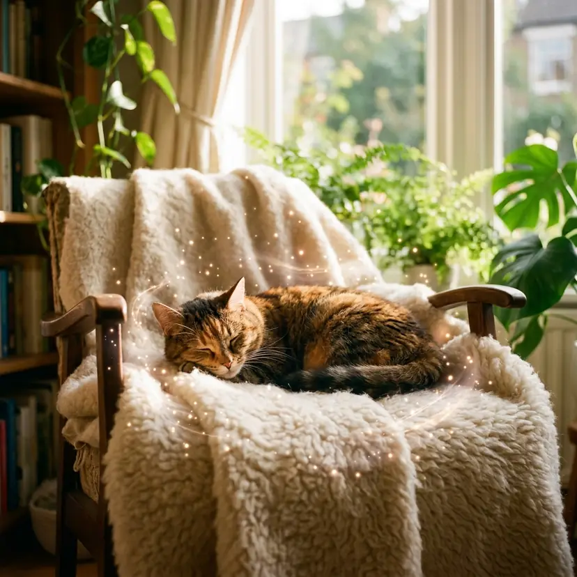 Happy relaxed cat resting in a pristine, fragrance-free home environment