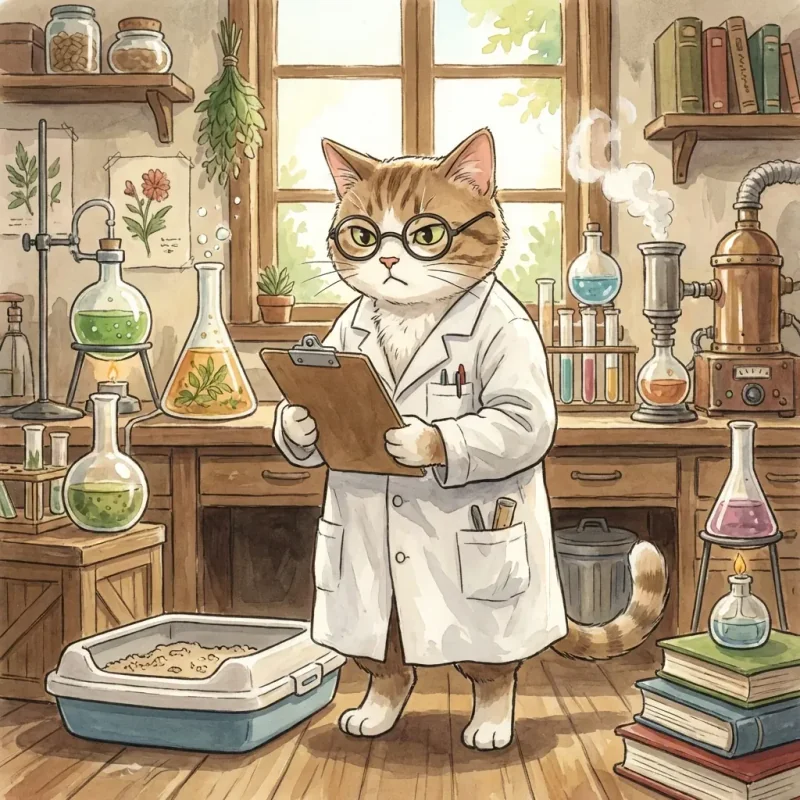 Chat scientifique qui note des données sur un bac à litière sur un presse-papiers, style Ghibli