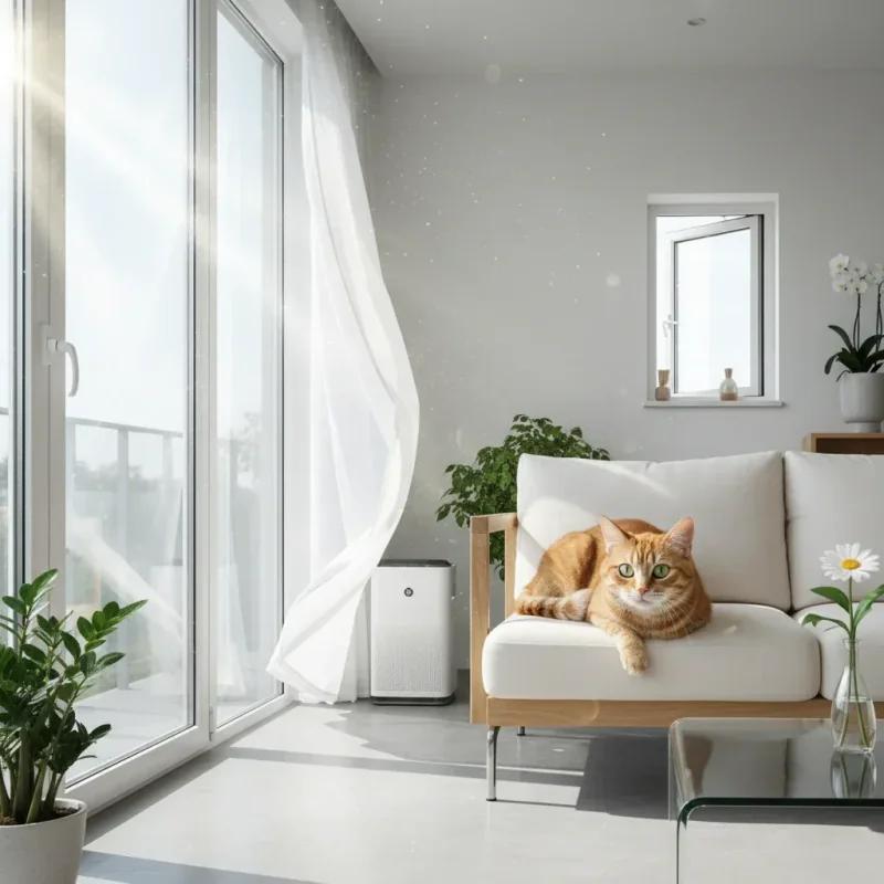 Chat heureux dans un foyer quebecois frais et sans odeur