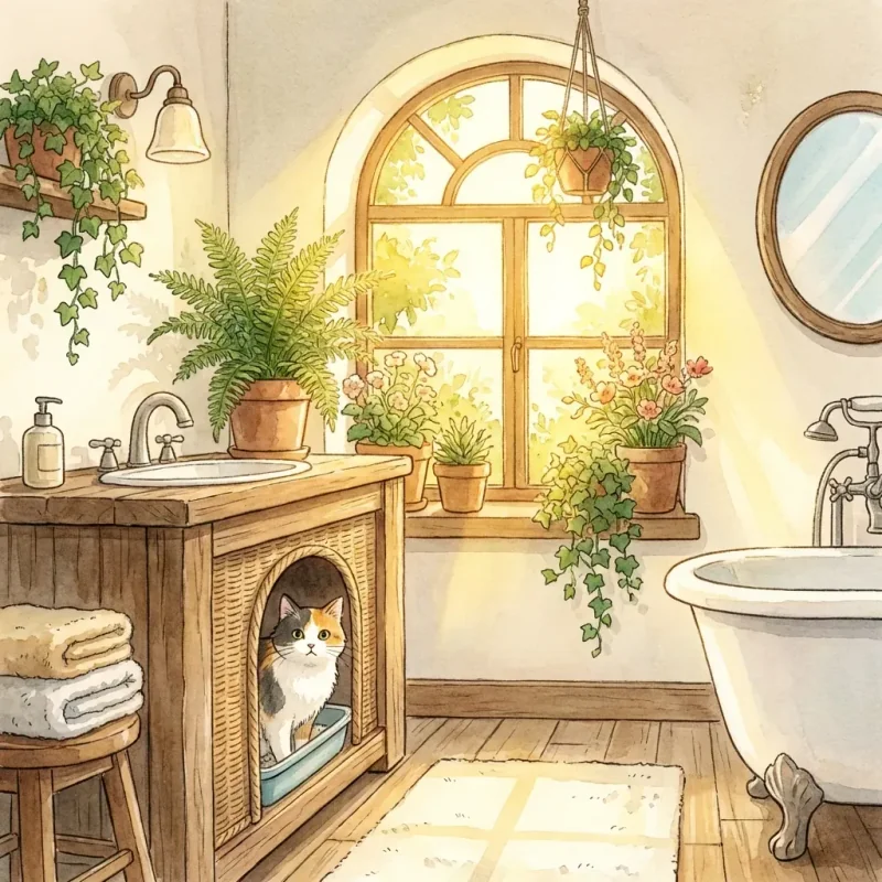 A discreetly hidden litter box in a beautiful bright bathroom