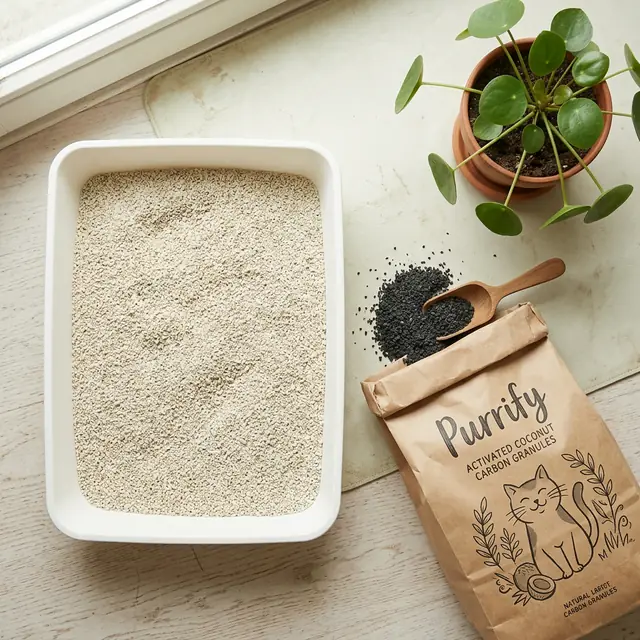 Granulés de charbon de coco activé Purrify à côté d'une litière propre