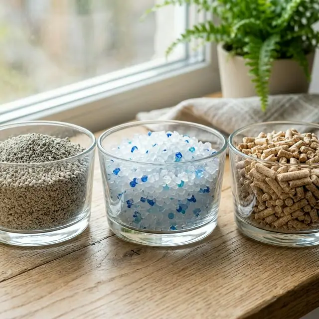 Different types of cat litter in glass bowls
