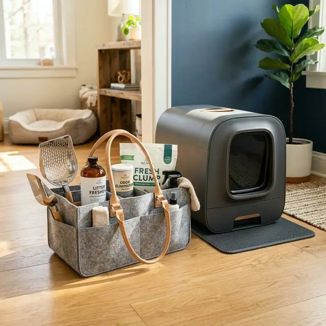 Cleaning tote and supplies for heavy usage cat litter spaces