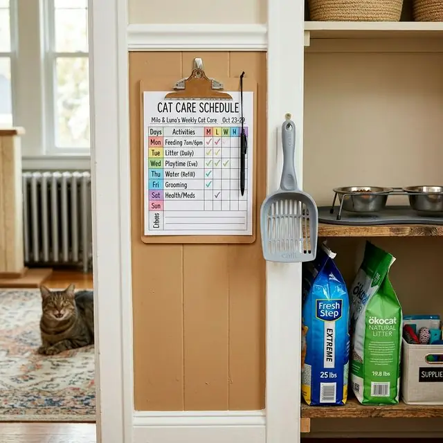 Schedule and supplies for maintaining litter box rotation
