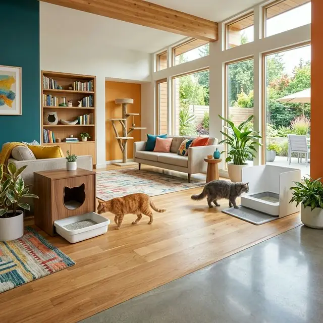 Multiple clean litter boxes placed strategically