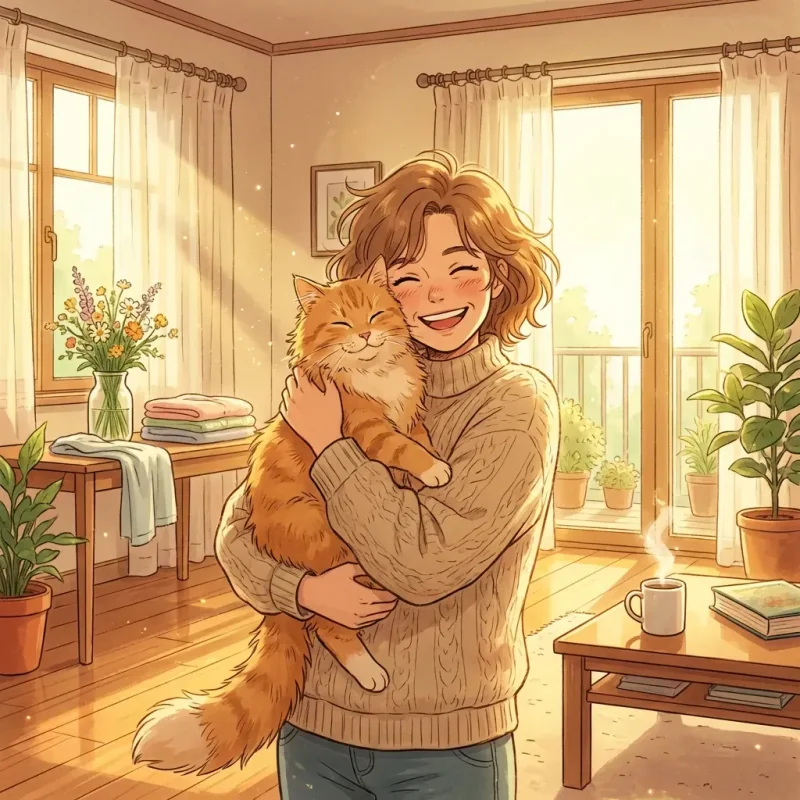 Happy cat owner in fresh-smelling home with effective litter deodorizer