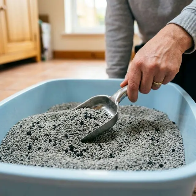 Refreshing litter gently with a scoop after doing daily maintenance