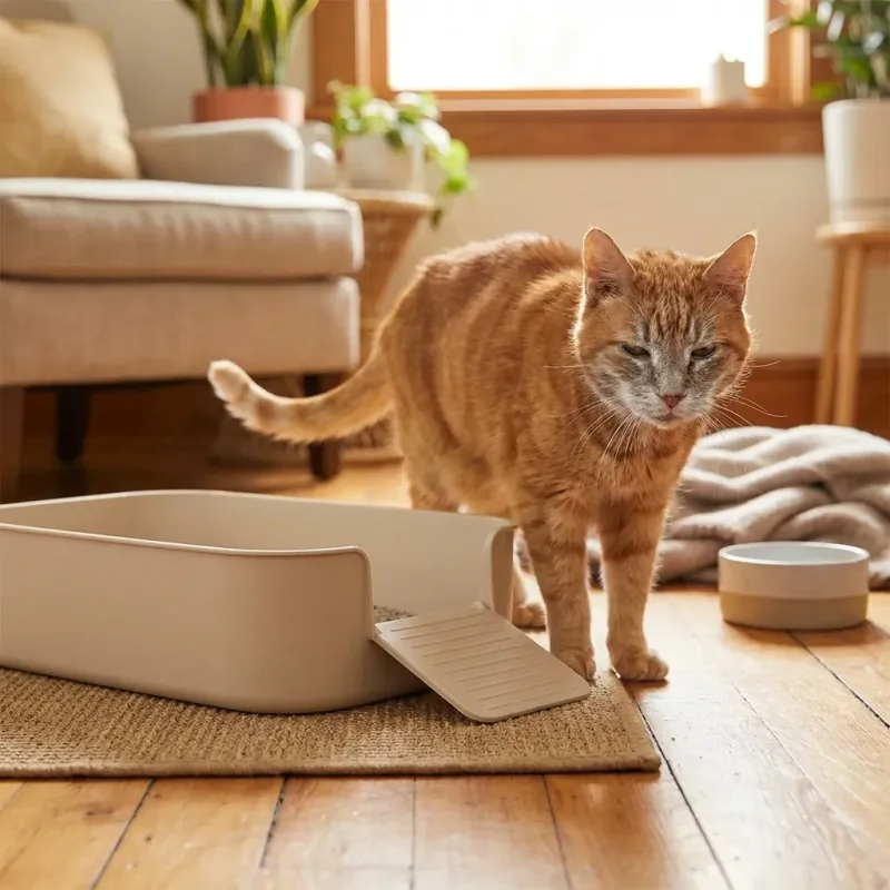 Chat senior près d une boîte à litière facile d accès