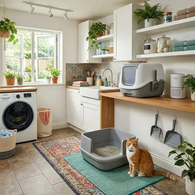 Clean litter box setup in a laundry room