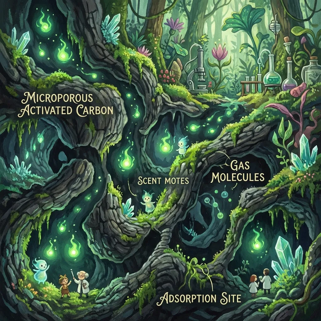 Microscopic view of activated carbon pores trapping molecules