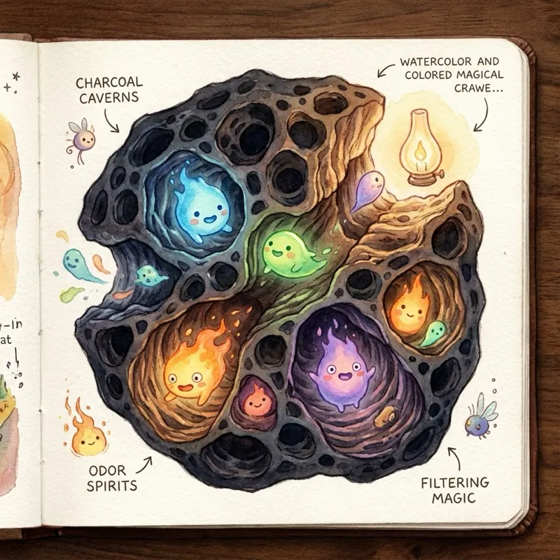 Diagram showing how activated carbon traps odor molecules