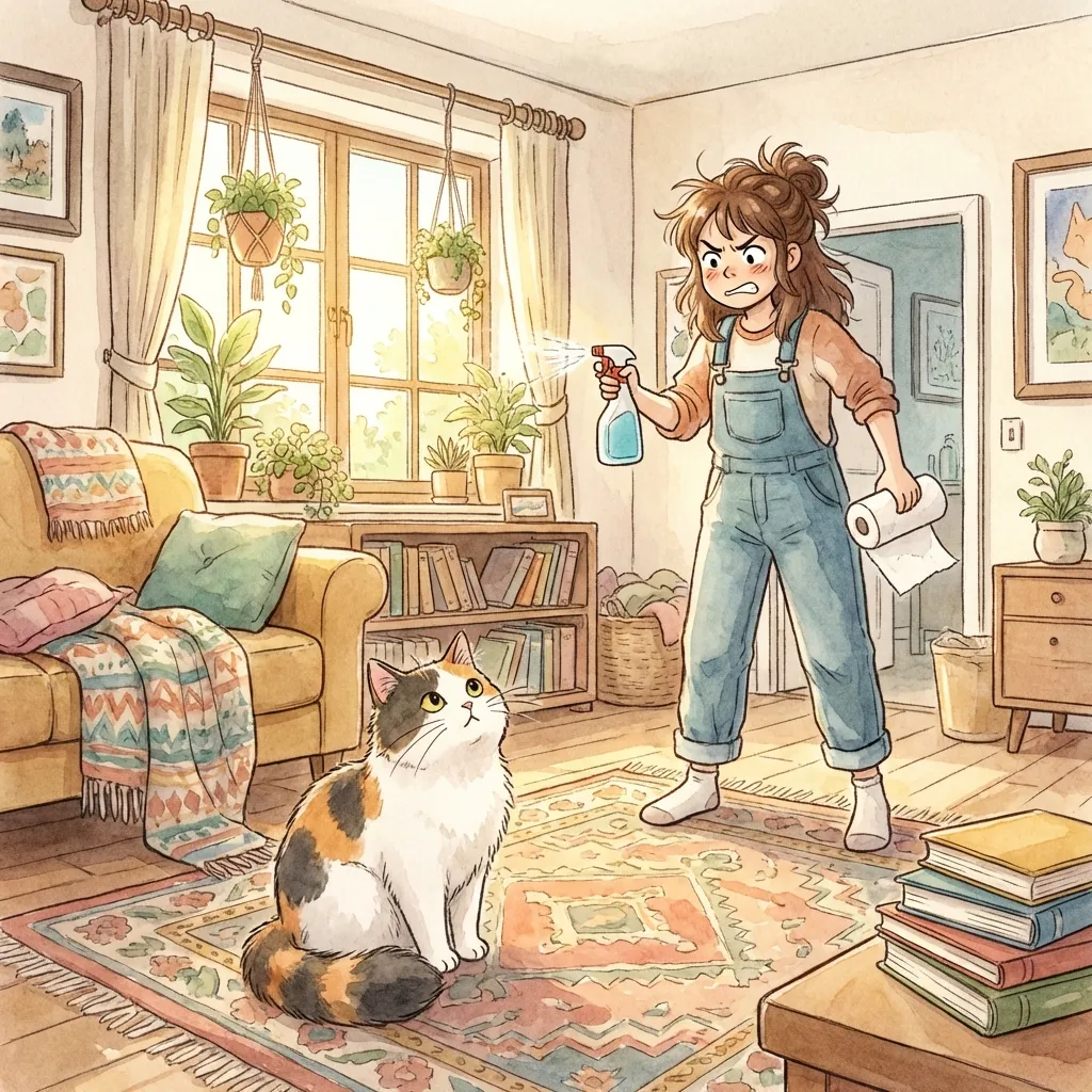 Cleaning cat pee in an apartment - Ghibli style illustration