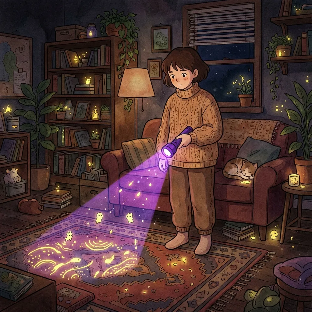 Using blacklight to find hidden cat pee stains on carpet