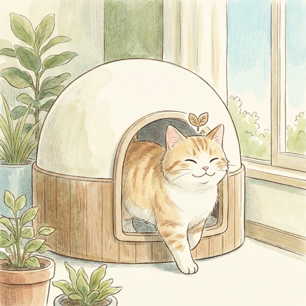 Cat comfortably using a covered litter box with proper ventilation and odour control