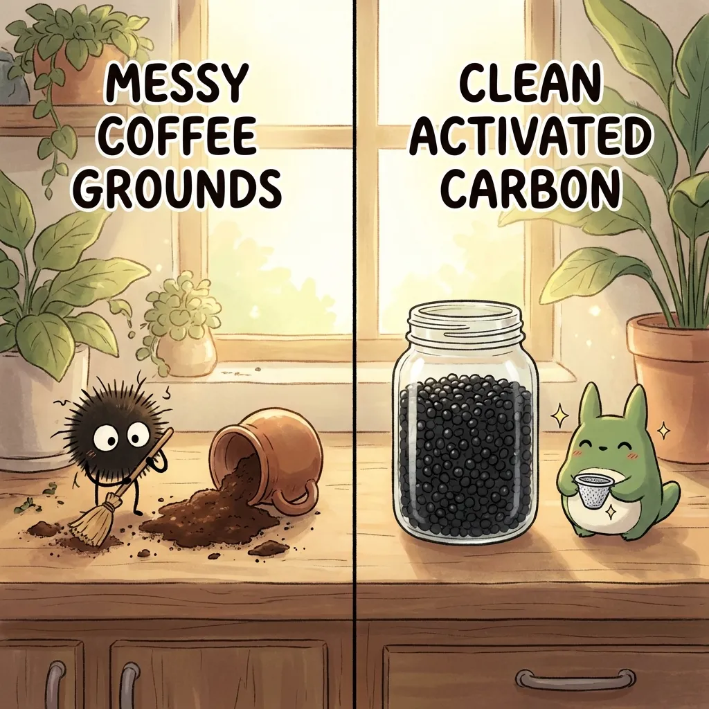 Comparison: Messy coffee grounds vs clean activated carbon granules