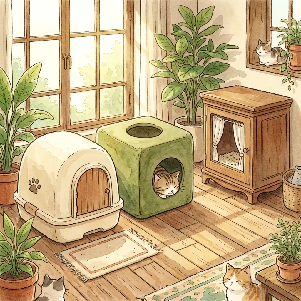 Different styles of covered litter boxes including hooded, top-entry, and furniture-style enclosures