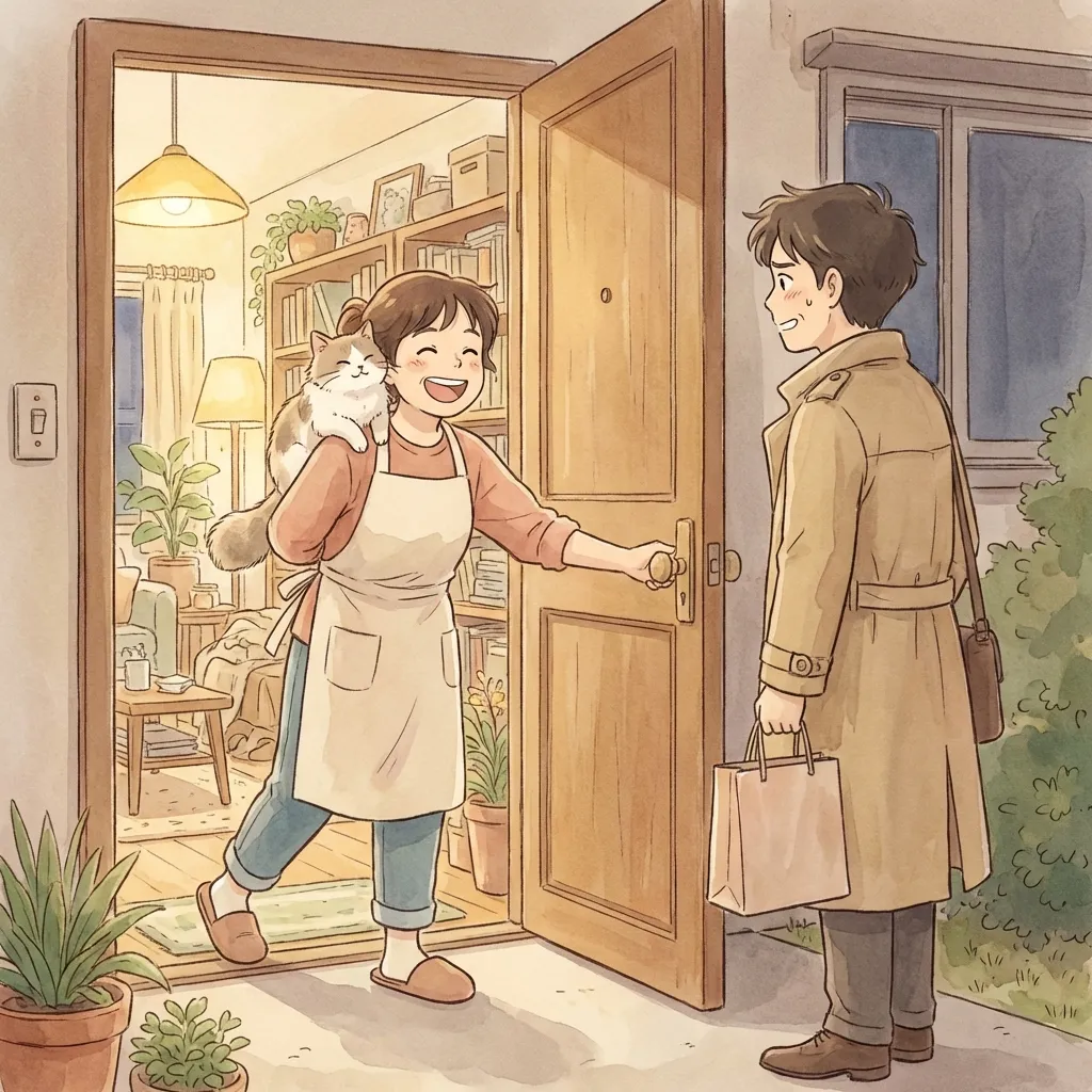 An oblivious cat owner greets a guest who is politely recoiling from the smell