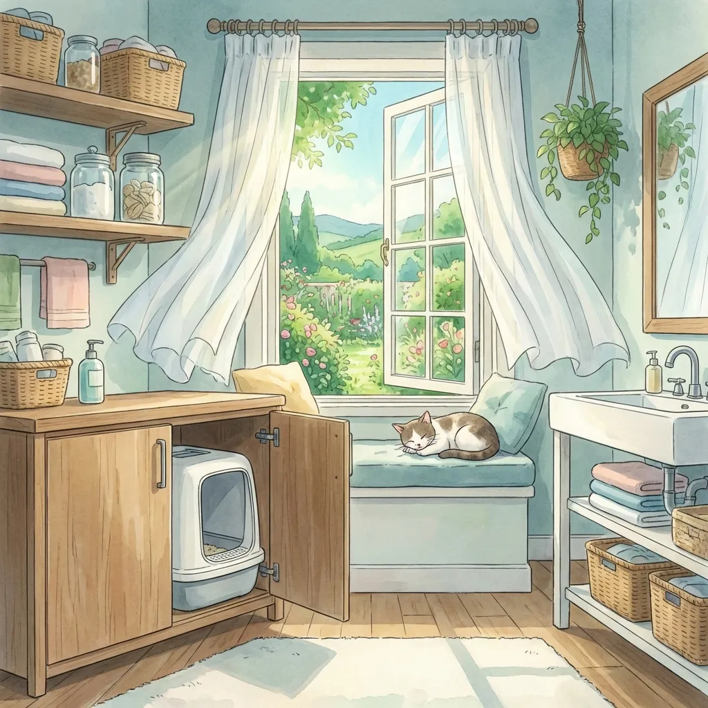 Living room with automatic litter box showing fresh, odour-free home environment