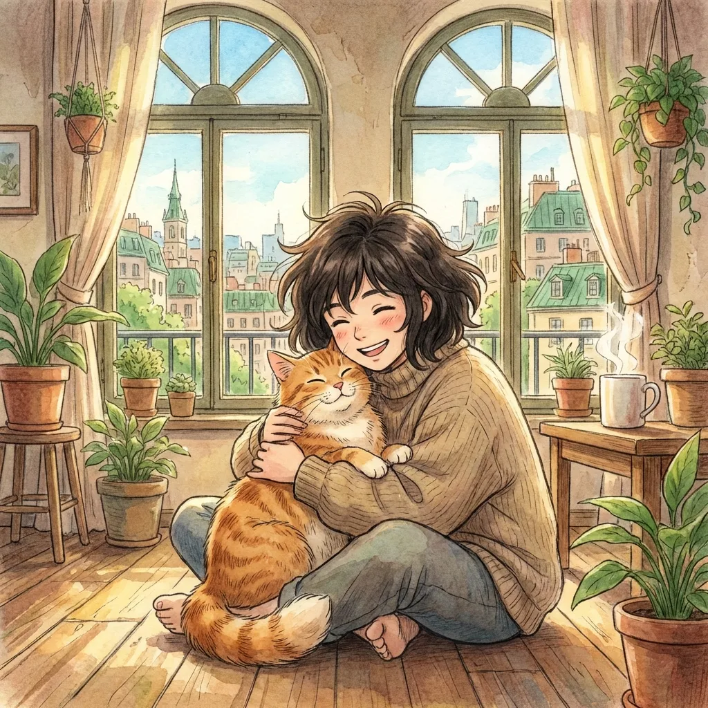 Happy cat owner in a fresh apartment - Ghibli style illustration