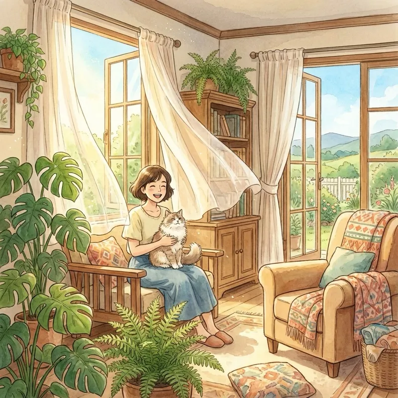 Happy cat owner with fresh-smelling home and content cat