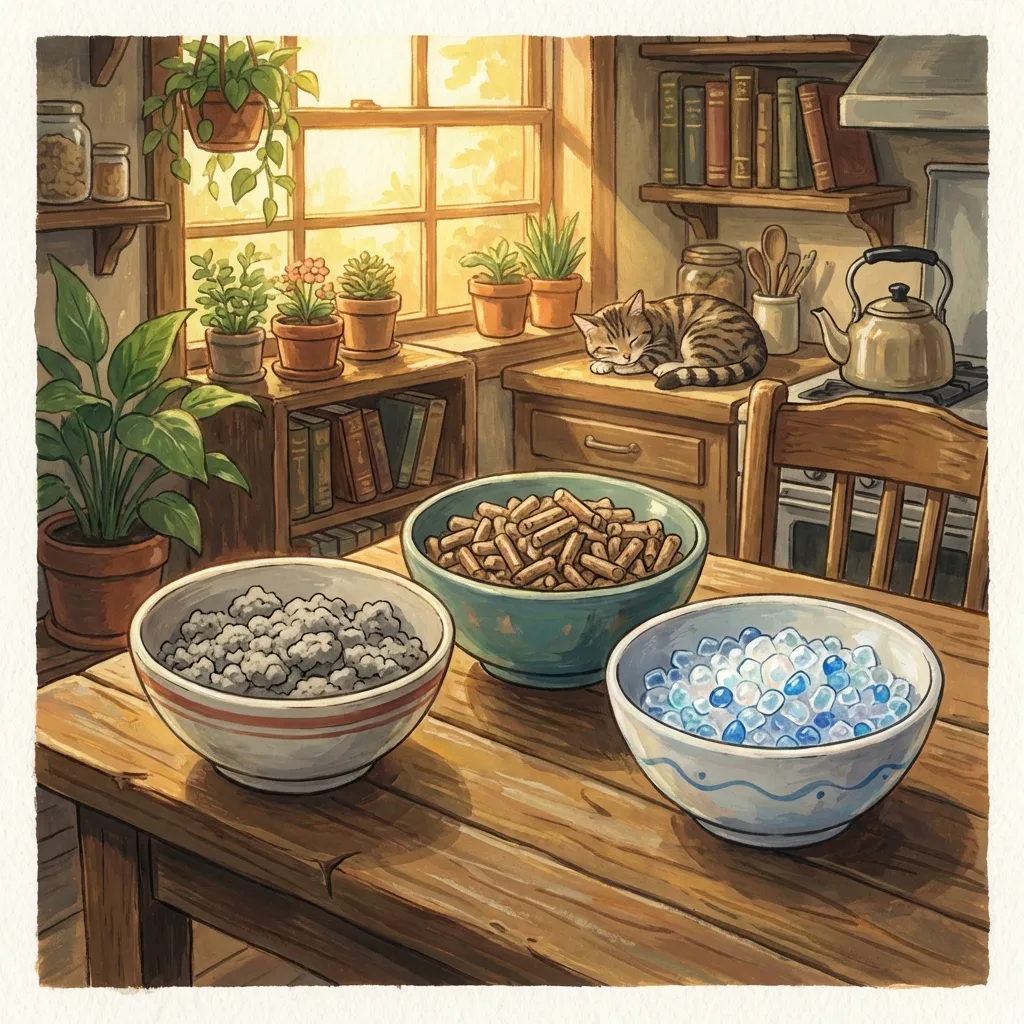 Comparison of different litter types in a Ghibli illustration style