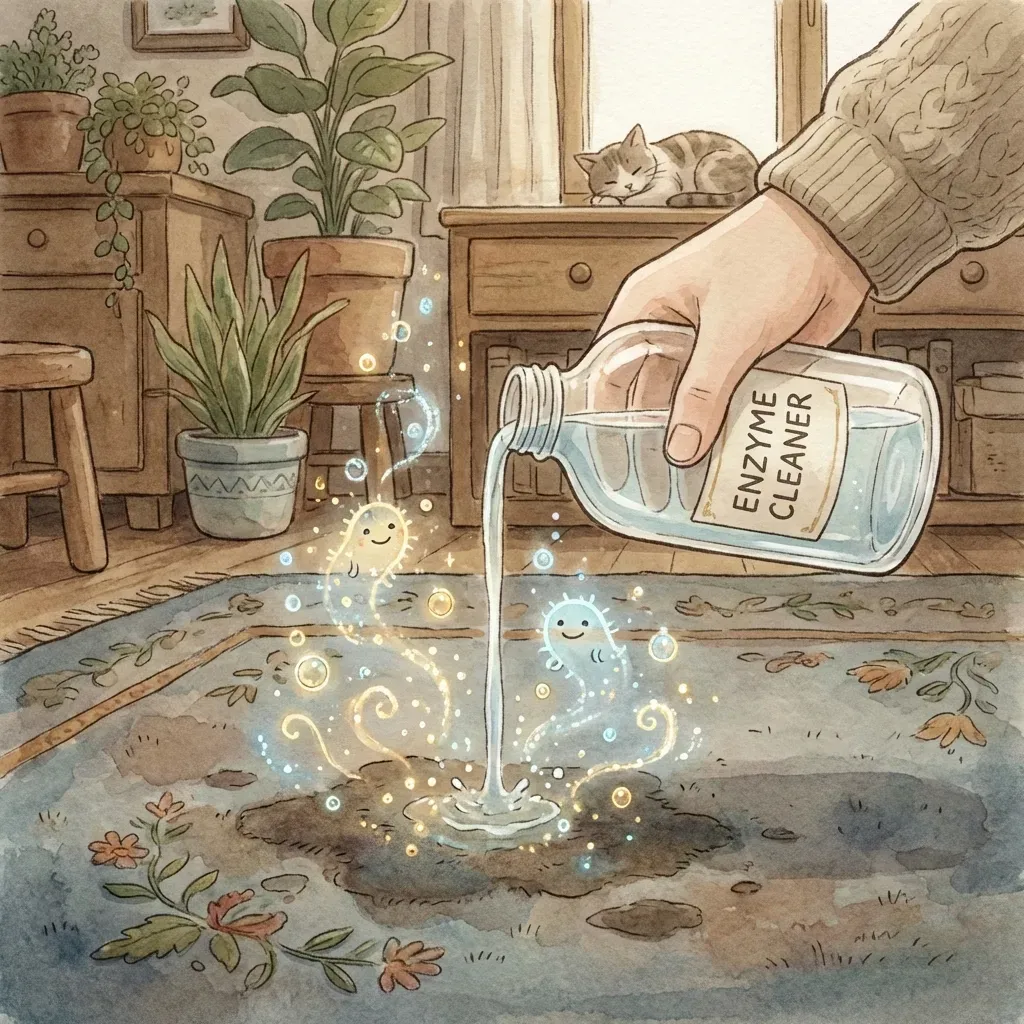 Application d'un nettoyant enzymatique sur une tache de pipi de chat - Illustration de style Ghibli