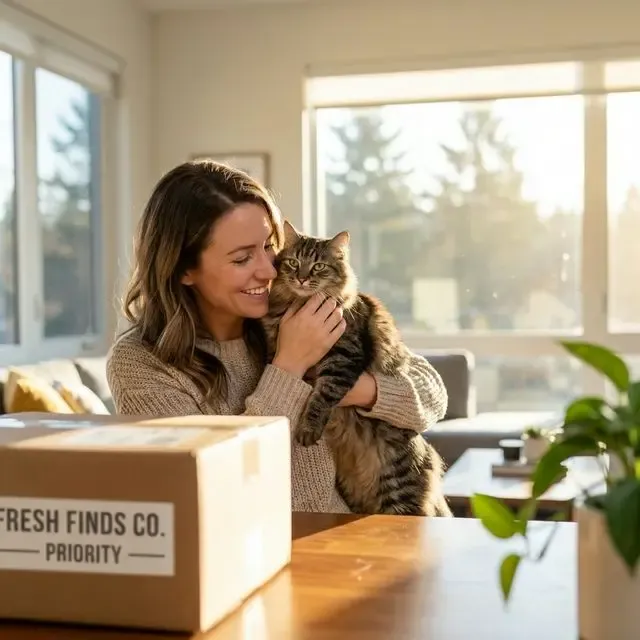Happy American cat owner enjoying an odor-free home