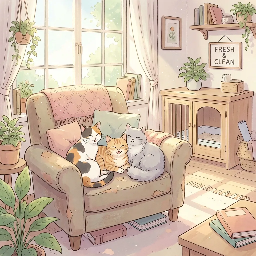 Several happy cats lounging in a fresh, sunlit Ghibli-style home