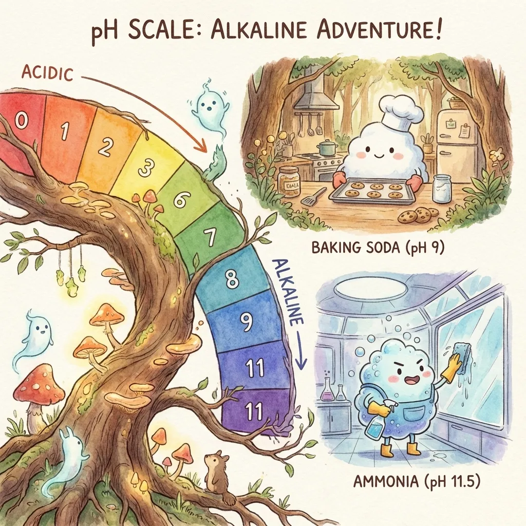 pH Scale showing Baking Soda (Alkaline) vs Ammonia (Alkaline) - they don't react