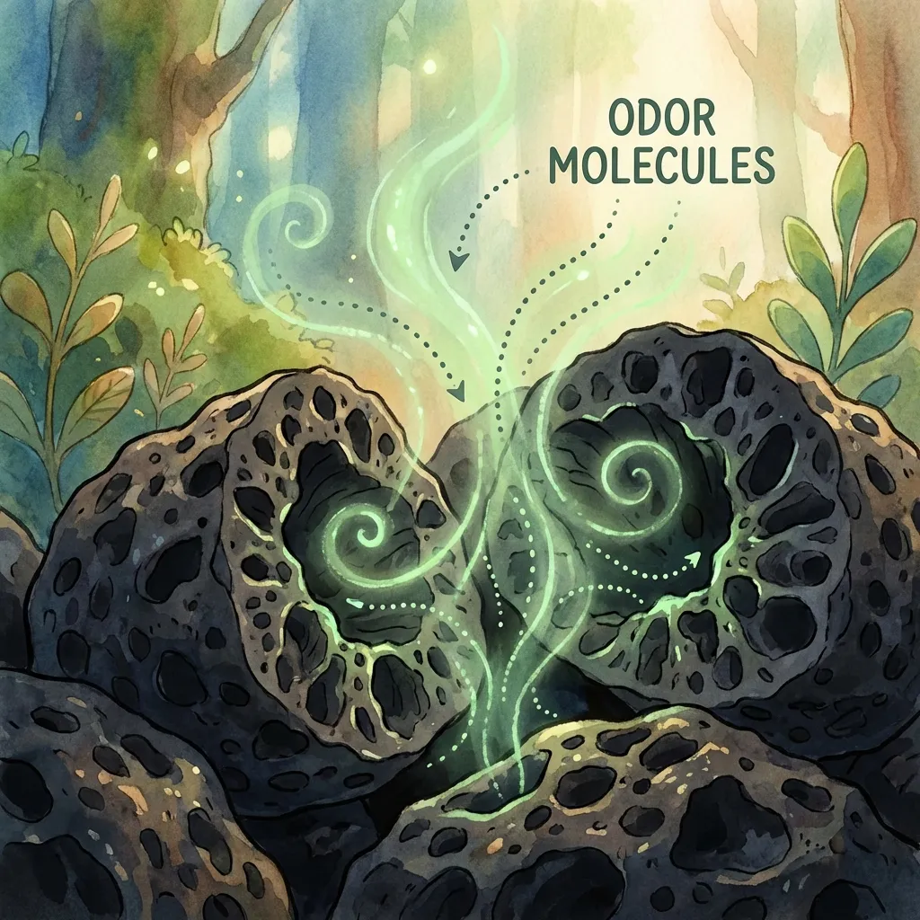 Microscopic view of activated carbon pores trapping odor molecules