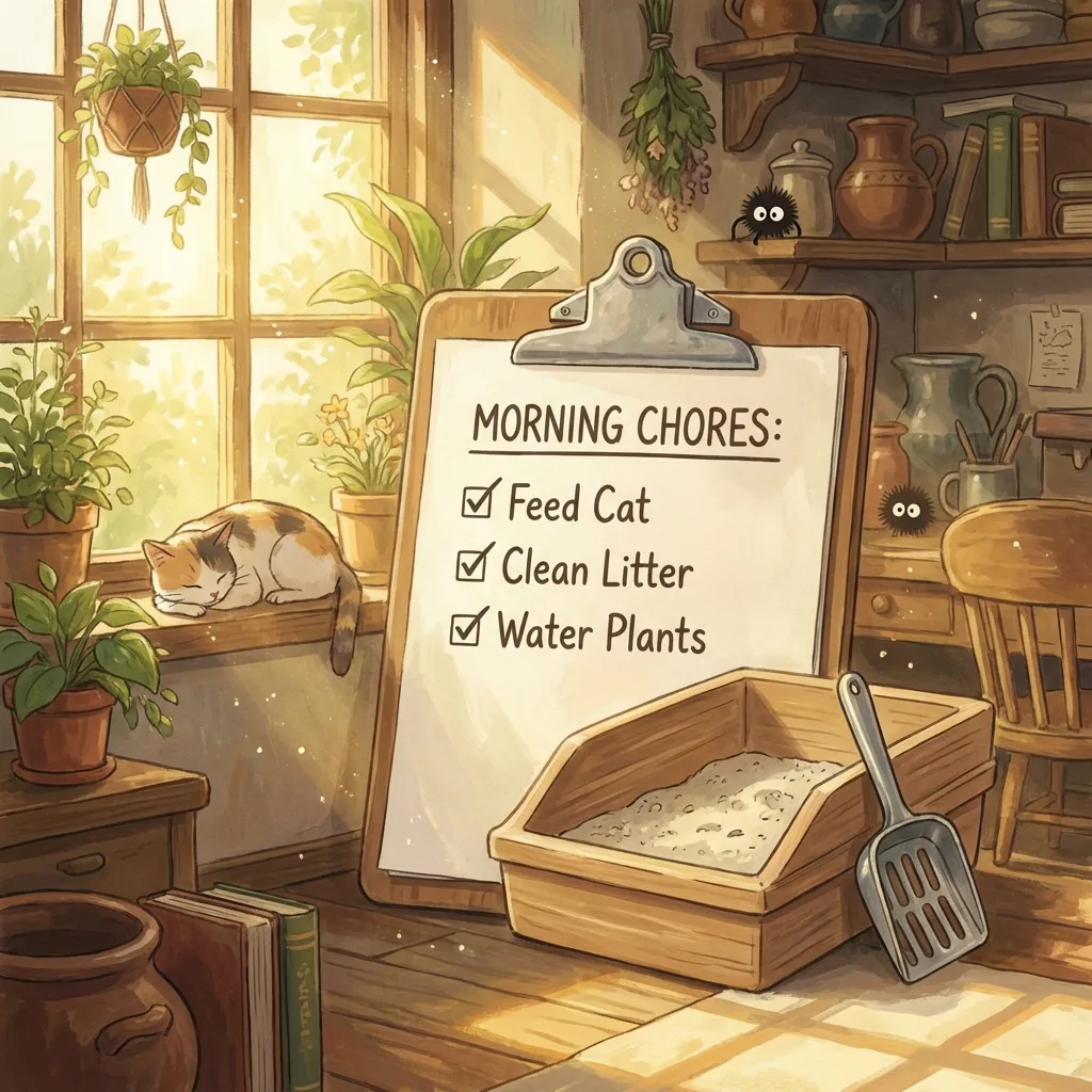 Ghibli-style illustration of a consistent litter scooping routine