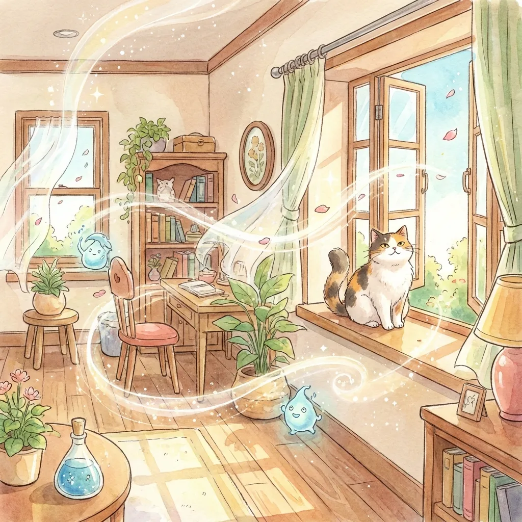 A sparkling clean Ghibli-style home with three cats sleeping peacefully