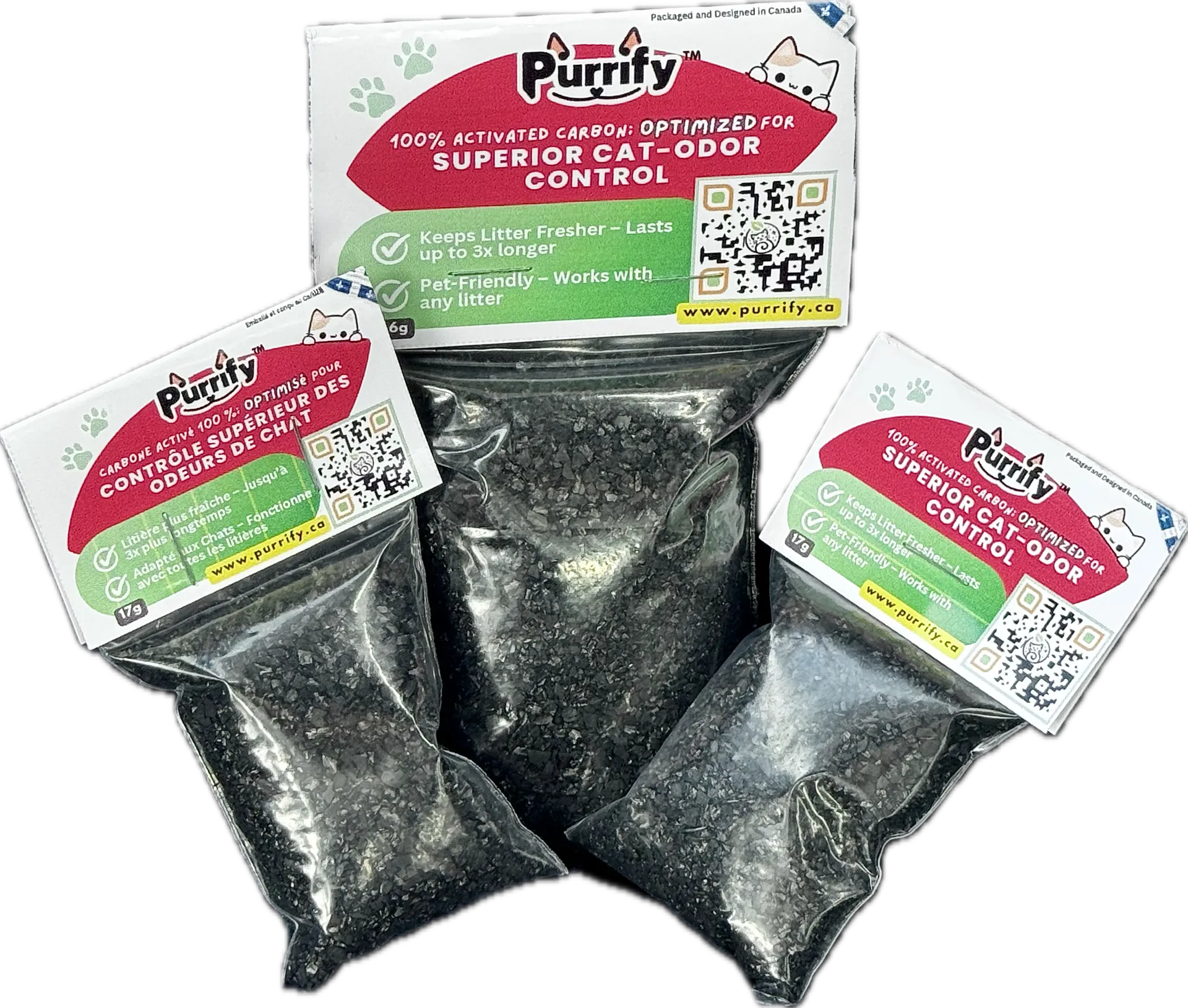 Purrify product lineup showing different sizes for comprehensive odor control