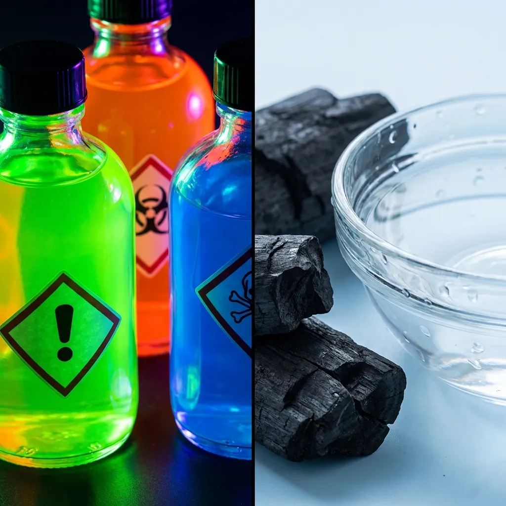 Side-by-side comparison of toxic chemicals vs safe molecular trapping