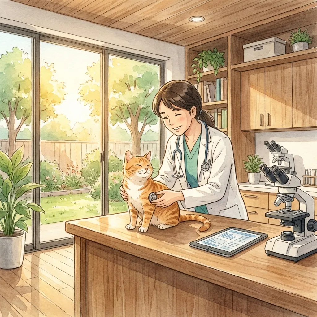 Ghibli-style illustration of a veterinarian explaining safe litter practices to a pet owner