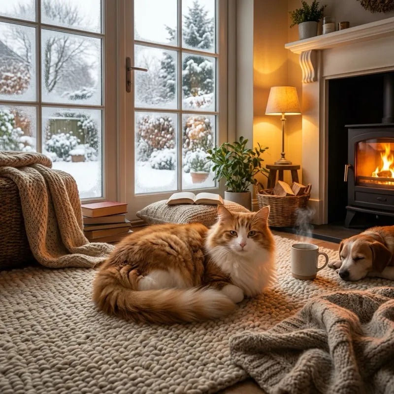 Cat looking out snowy window while owner deals with winter litter box odor in closed home